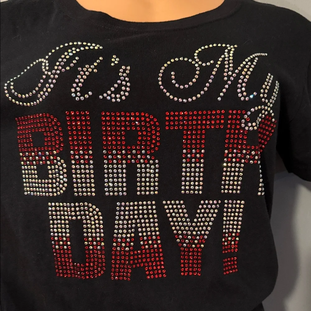 It's My Birthday!" Black Rhinestone T-Shirt, Size Large - Picture 2 of 4